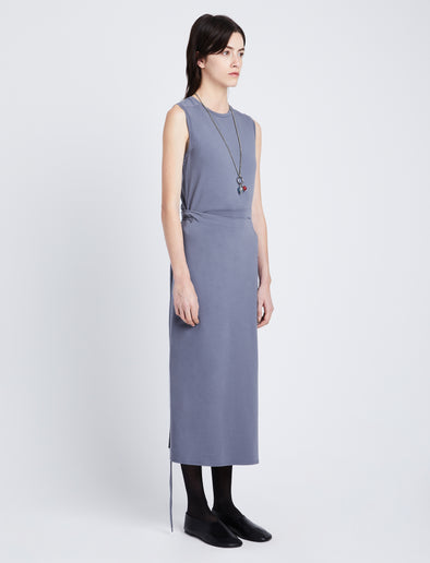 Side full length image of model wearing T-Shirt Wrap Dress in STEEL GREY