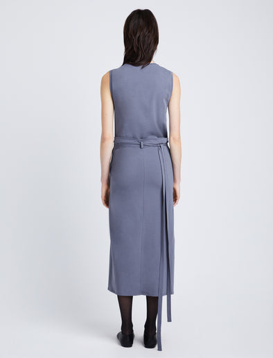 Back full length image of model wearing T-Shirt Wrap Dress in STEEL GREY