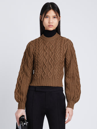 Front cropped image of model wearing Chunky Cable Bell Sleeve Sweater in DARK CAMEL
