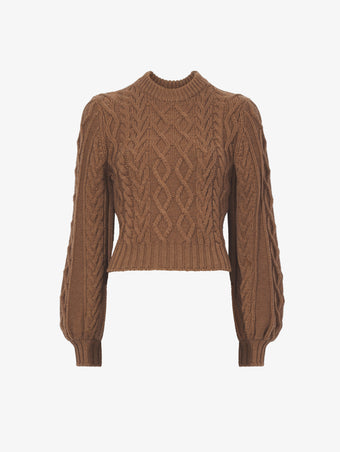 Still Life image of Chunky Cable Bell Sleeve Sweater in DARK CAMEL