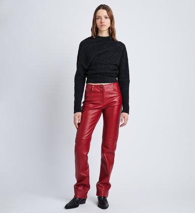 Front image of model in Nappa Leather Pants in crimson