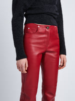 Detail image of model in Nappa Leather Pants in crimson
