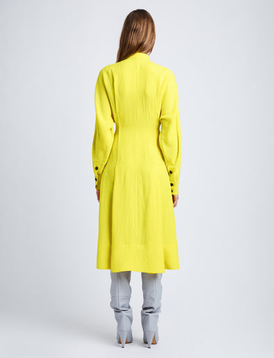 Back full length image of model wearing Crushed Matte Satin Dress in YELLOW