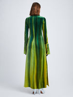 Back full length image of model wearing Ice Dyed Velvet Shirt Dress in JADE