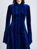 Detail image of model wearing Ice Dyed Velvet Shirt Dress in COBALT