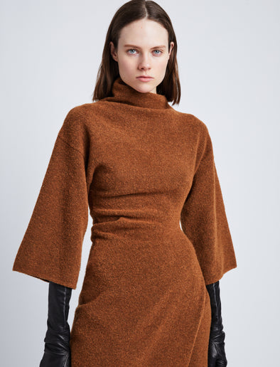 Detail image of model wearing Viscose Wool Knit Dress in UMBER