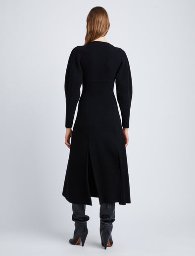 Back full length image of model wearing Wool Viscose Boucle Dress in BLACK