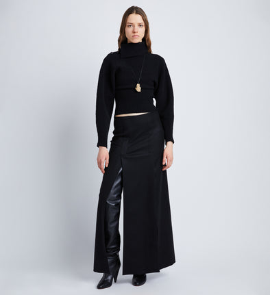 Front full length image of model wearing Wool Felt Skirt in BLACK