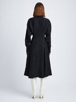 Back full length image of model wearing Crushed Matte Satin Dress in BLACK