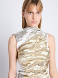 Detail image of model wearing Crushed Metal Dress in GOLD