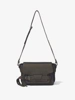 Front image of Beacon Saddle Bag in OLIVE with strap extended