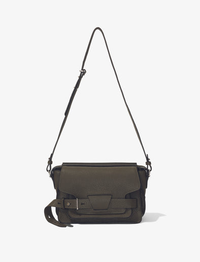 Front image of Beacon Saddle Bag in OLIVE with strap extended