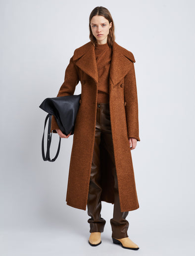 Front full length image of model wearing Double Face Llama Wool Coat in UMBER