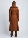 Back full length image of model wearing Double Face Llama Wool Coat in UMBER