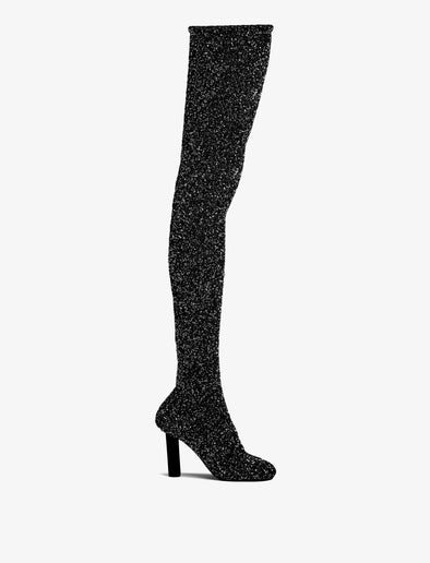 Front image of GLINT OVER THE KNEE KNIT BOOTS in BLACK