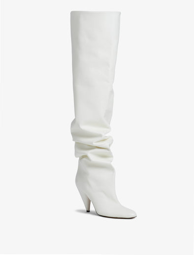 3/4 Front image of CONE SLOUCH OVER THE KNEE BOOTS in CREAM