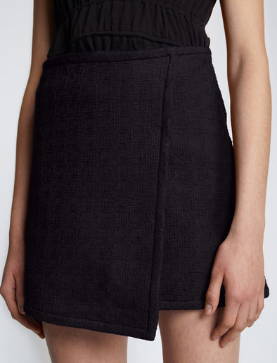 Detail image of model wearing Tweed Wrap Skirt in BLACK