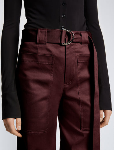 Detail image of model wearing Cotton Twill Cargo Pants in PLUM