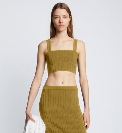 Front cropped image of model wearing Pointelle Rib Bralette in SULFUR