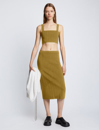 Front full length image of model wearing Pointelle Rib Bralette in SULFUR