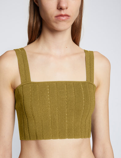 Detail image of model wearing Pointelle Rib Bralette in SULFUR