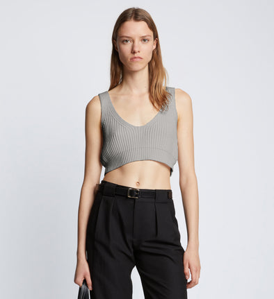 Front cropped image of model wearing Ribbed Cotton Cropped Sweater in GREY MELANGE