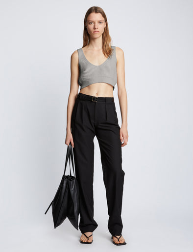 Front full length image of model wearing Ribbed Cotton Cropped Sweater in GREY MELANGE
