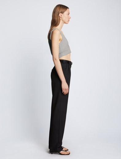 Side full length image of model wearing Ribbed Cotton Cropped Sweater in GREY MELANGE