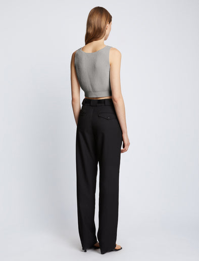 Back full length image of model wearing Ribbed Cotton Cropped Sweater in GREY MELANGE
