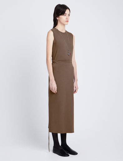 Side image of model wearing T-Shirt Wrap Dress in coffee