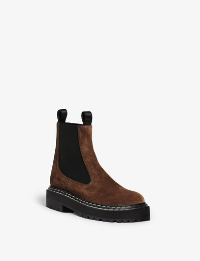 Front 3/4 image of LUG SOLE PLATFORM CHELSEA BOOTS in Dark Brown