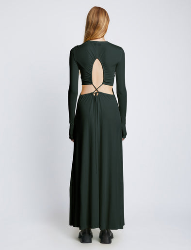 Back full length image of model wearing Long Sleeve Jersey Open Back Dress in PINE