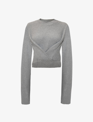 Still life image of Ribbed Cotton Wrap Sweater in GREY MELANGE with straps tied around waist