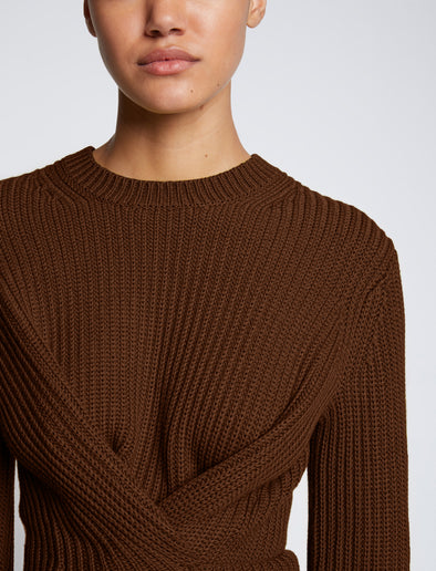 Detail image of model wearing Ribbed Cotton Wrap Sweater in ESPRESSO