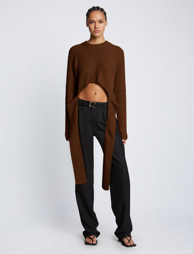 Front full length image of model wearing Ribbed Cotton Wrap Sweater in ESPRESSO with straps hanging by sides