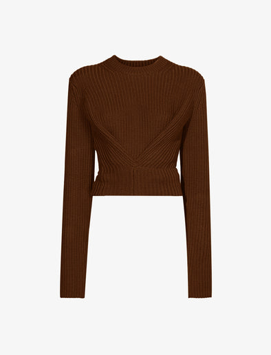 Still life image of Ribbed Cotton Wrap Sweater in ESPRESSO with straps tied around waist