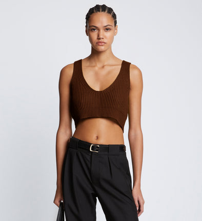 Front cropped image of model wearing Ribbed Cotton Cropped Sweater in ESPRESSO