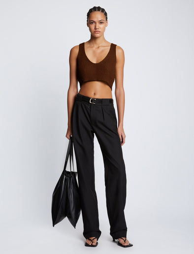 Front full length image of model wearing Ribbed Cotton Cropped Sweater in ESPRESSO