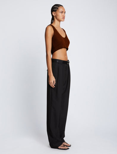 Side full length image of model wearing Ribbed Cotton Cropped Sweater in ESPRESSO