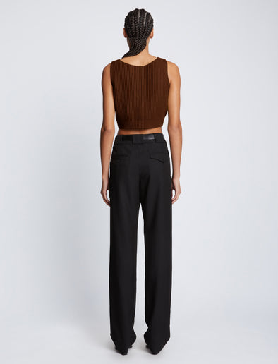 Back full length image of model wearing Ribbed Cotton Cropped Sweater in ESPRESSO