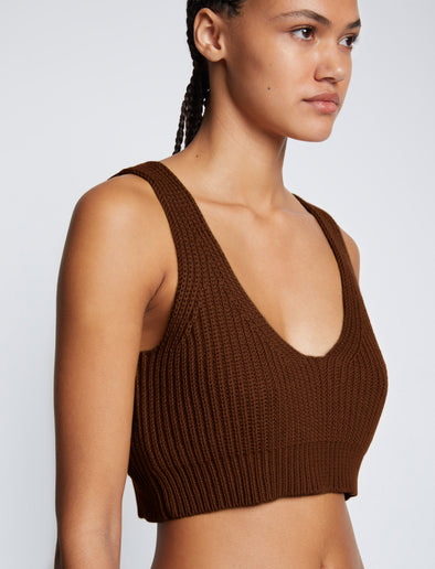 Detail image of model wearing Ribbed Cotton Cropped Sweater in ESPRESSO