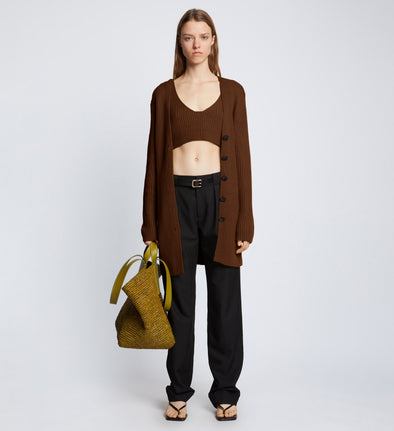 Front full length image of model wearing Ribbed Cotton Relaxed Cardigan in ESPRESSO with belt removed