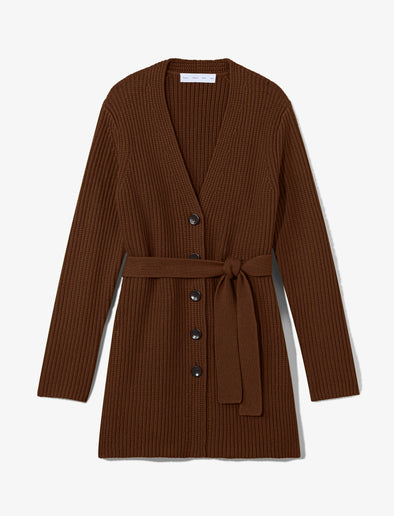 Still Life image of Ribbed Cotton Relaxed Cardigan in ESPRESSO with belt tied in front