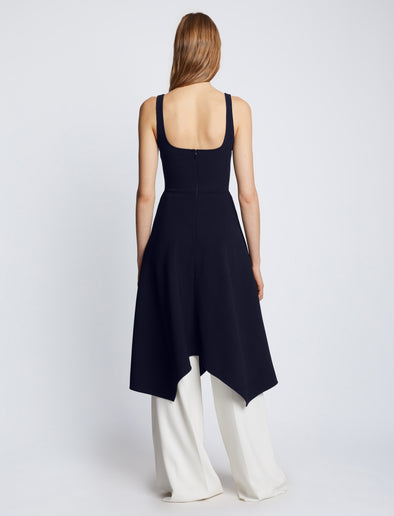 Back full length image of model wearing Barre Bustier Dress in NAVY