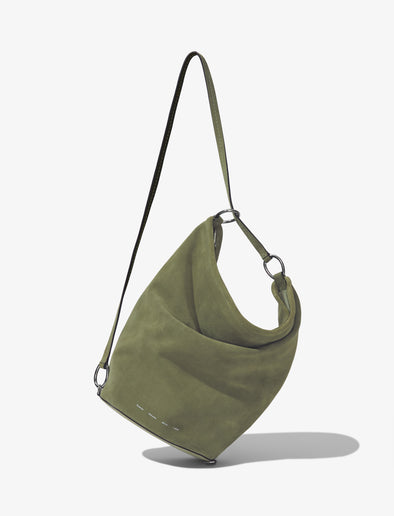 Front image of Suede Spring Bucket Bag in BAMBOO with strap extended