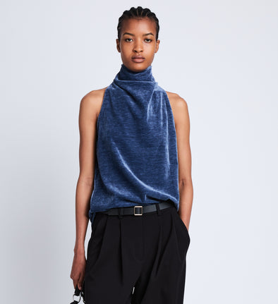 Cropped front image of Mila Cowl Top In Chenille Suiting in steel blue