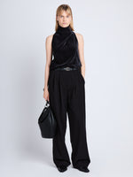 Front image of model in Mila Cowl Top In Chenille Suiting in black