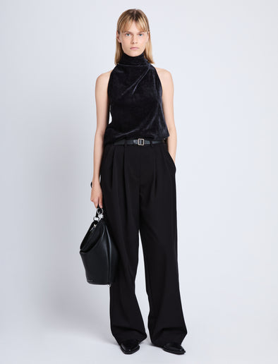Front image of model in Mila Cowl Top In Chenille Suiting in black