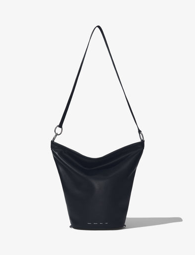 Front image of Spring Bag In Leather in black with strap extended
