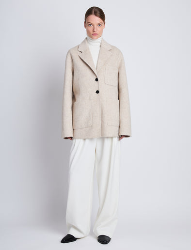 Front full length image of model wearing Amalia Blazer in OAT buttoned